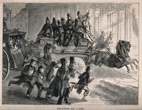 A fire-engine drawn by horses races through the streets to attend to a fire.. Stock Illustration