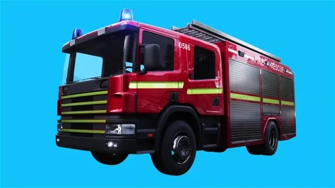 Fire engine driving fast. realistic flashing lights. 4K green screen isolate Stock Footage 328544612