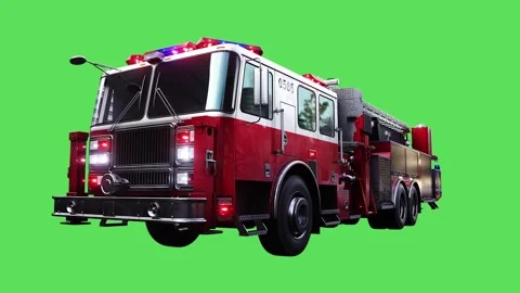 Fire engine driving fast. realistic flashing lights. 4K green screen isolate Stock Footage 328544994