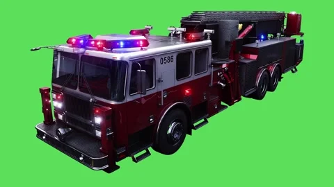 Fire engine driving fast. realistic flashing lights. 4K green screen isolate Stock Footage 328545234