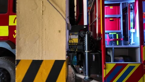 Fire Engine with Emergency Beacons and Firefighting Equipment in Azambuja Vídeo Stock 343322475