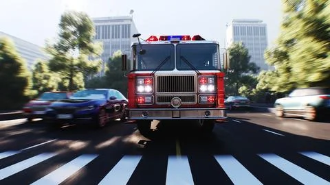 An fire engine, fire rescue driving fast on a city street.3d rendering. Illustrazione stock