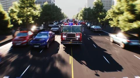 An fire engine, fire rescue driving fast on a city street.3d rendering. Stock Illustration