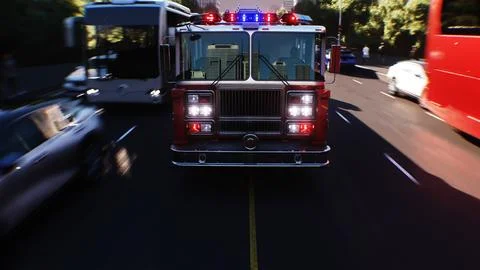 An fire engine, fire rescue driving fast on a city street.3d rendering. Illustrazione stock