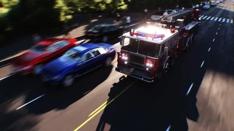 An fire engine, fire rescue driving fast on a city street.3d rendering. Stock Illustration