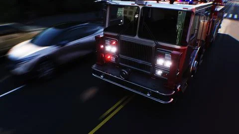 An fire engine, fire rescue driving fast on a city street.3d rendering. Illustrazione stock