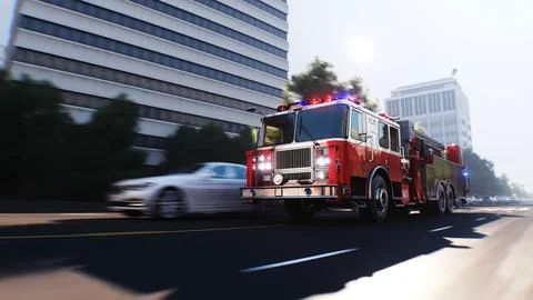 An fire engine, fire rescue driving fast on a city street.3d rendering. Illustrazione stock