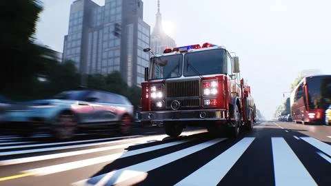 An fire engine, fire rescue driving fast on a city street.3d rendering. Stock Illustration