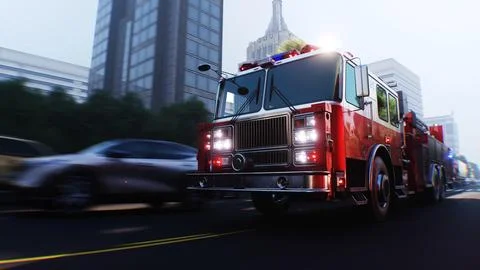 An fire engine, fire rescue driving fast on a city street.3d rendering. Illustrazione stock