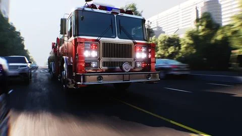 An fire engine, fire rescue driving fast on a city street.3d rendering. Illustrazione stock