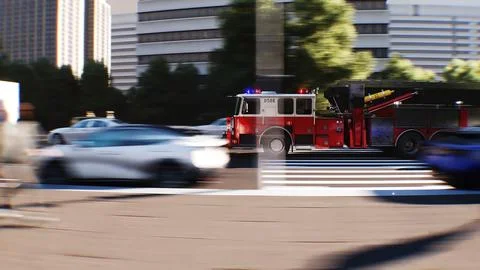 An fire engine, fire rescue driving fast on a city street.3d rendering. Illustrazione stock