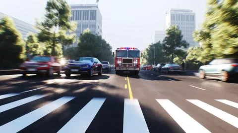 An fire engine, fire rescue driving fast on a city street.3d rendering. Illustrazione stock