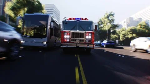 An fire engine, fire rescue driving fast on a city street.3d rendering. Illustrazione stock