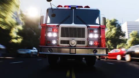 An fire engine, fire rescue driving fast on a city street.3d rendering. Illustrazione stock