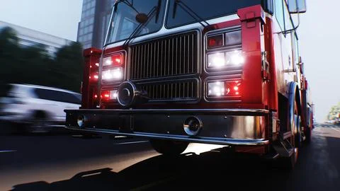 An fire engine, fire rescue driving fast on a city street.3d rendering. Illustrazione stock