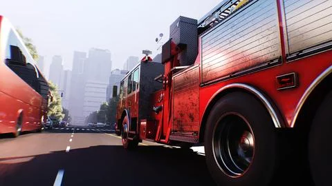 An fire engine, fire rescue driving fast on a city street.3d rendering. Illustrazione stock