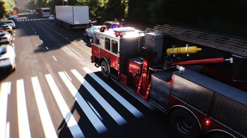 An fire engine, fire rescue driving fast on a city street.3d rendering. Illustration