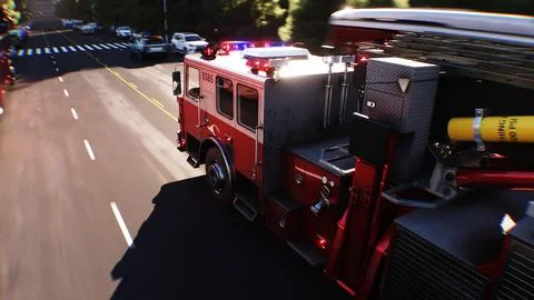 An fire engine, fire rescue driving fast on a city street.3d rendering. Illustrazione stock