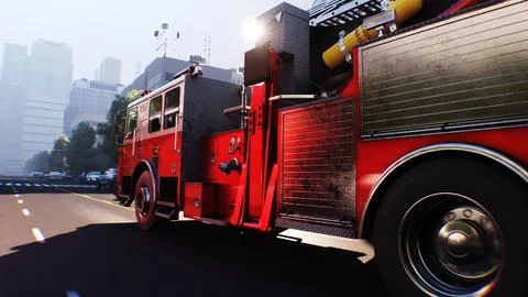 An fire engine, fire rescue driving fast on a city street.3d rendering. Illustrazione stock