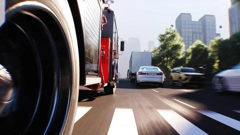 An fire engine, fire rescue driving fast on a city street.3d rendering. Illustrazione stock