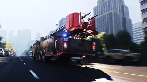 An fire engine, fire rescue driving fast on a city street.3d rendering. Stock Illustration