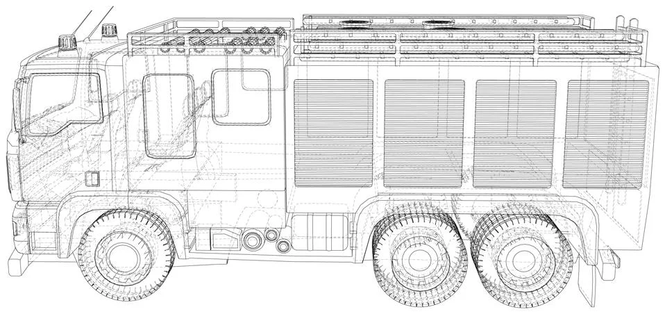 Fire Engine. Fire truck. Wire-frame. The layers of visible and invisible lines Stock Illustration