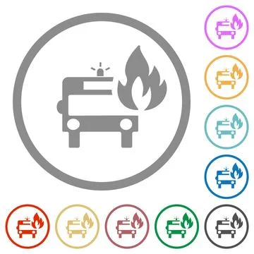 Fire engine with flame flat icons with outlines Stock Illustration
