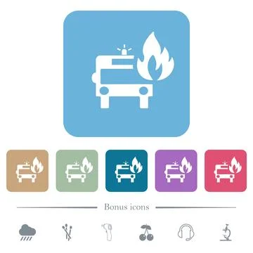 Fire engine with flame flat icons on color rounded square backgrounds Stockillustratie