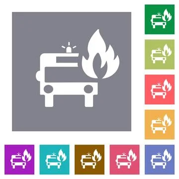 Fire engine with flame square flat icons Stock Illustration