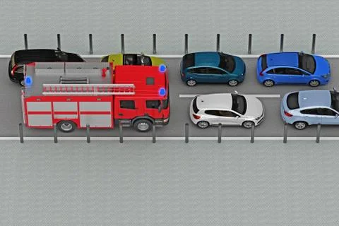 Fire engine with flashing lights in traffic jam Stock Illustration