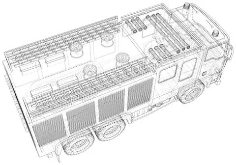 Fire Engine illustration vector. Fire truck Wire-frame line isolated. Vector Stock Illustration