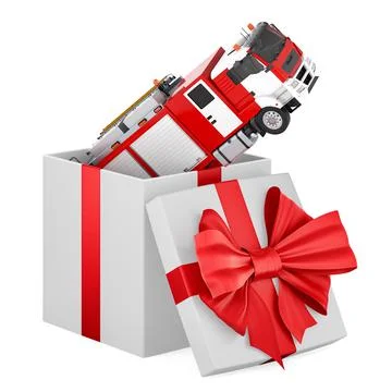 Fire engine inside gift box, present concept. 3D rendering Stock Illustration