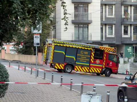 Fire Engine at Kyiv University After Russian Drone Attack Stock Photos