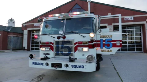 Fire engine with lights on at the fire department Stock Footage 66548778
