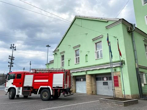 Fire engine near the rescue unit Stock Photos