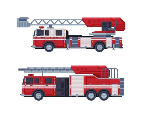 Fire Engine or Fire Truck as Firefighting Apparatus with Ladder Vector Set Stock Illustration