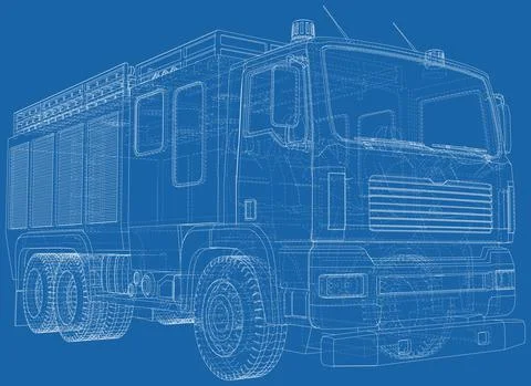 Fire Engine outline vector. Fire truck isolated on blue background Illustrazione stock