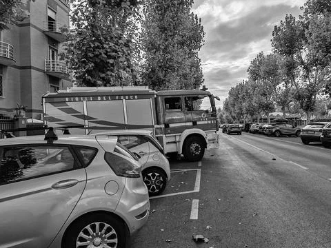 A fire engine parked in a herringbone pattern Stock Photos
