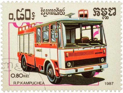 Fire engine on postage stamp Stock Photos