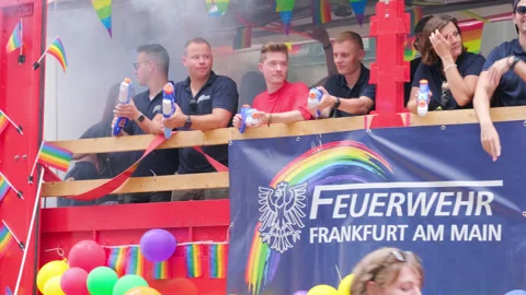 Fire engine on pride parade, participants of international LGBTQ movement, .. Stock Footage 246233412
