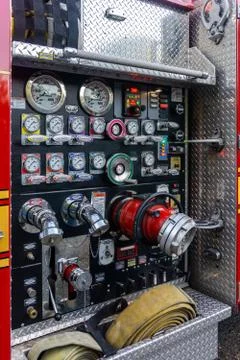 Fire engine pump panel 库存照片