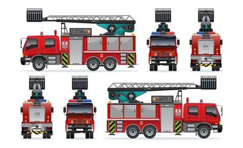 Fire engine red car truck vehicle with sky lift elevator truck peron Illustrazione stock