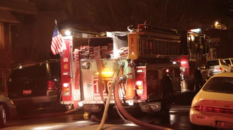 Fire engine on street at fire, Night Stock Footage 42271071