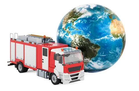 Fire engine truck with Earth Globe, 3D rendering Stock Illustration