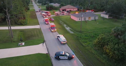 Fire engine trucks and ambulance vehicles responding to fire alarm Stock Footage 311549227