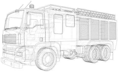 Fire Engine vector. Fire truck. Wire-frame. The layers of visible and invisible Stock Illustration