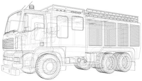 Fire Engine vector. Fire truck Wire-frame line isolated. Vector rendering of 3d Illustrazione stock