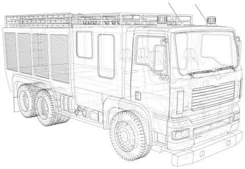 Fire Engine vector. Fire truck Wire-frame line isolated. Vector rendering of 3d Stock Illustration