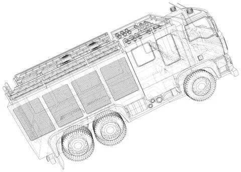 Fire Engine vector. Fire truck. Wire-frame. The layers of visible and invisible Stock Illustration