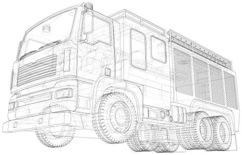 Fire Engine vector. Fire truck. Wire-frame. The layers of visible and invisible Illustrazione stock
